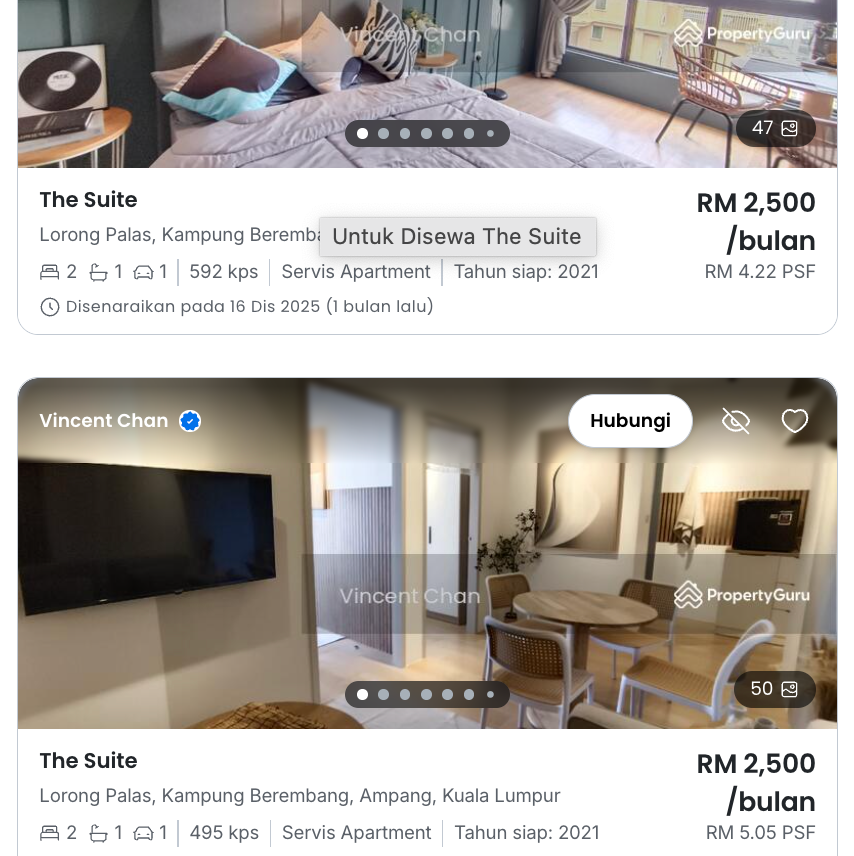 Market snapshot of monthly rents near KLCC